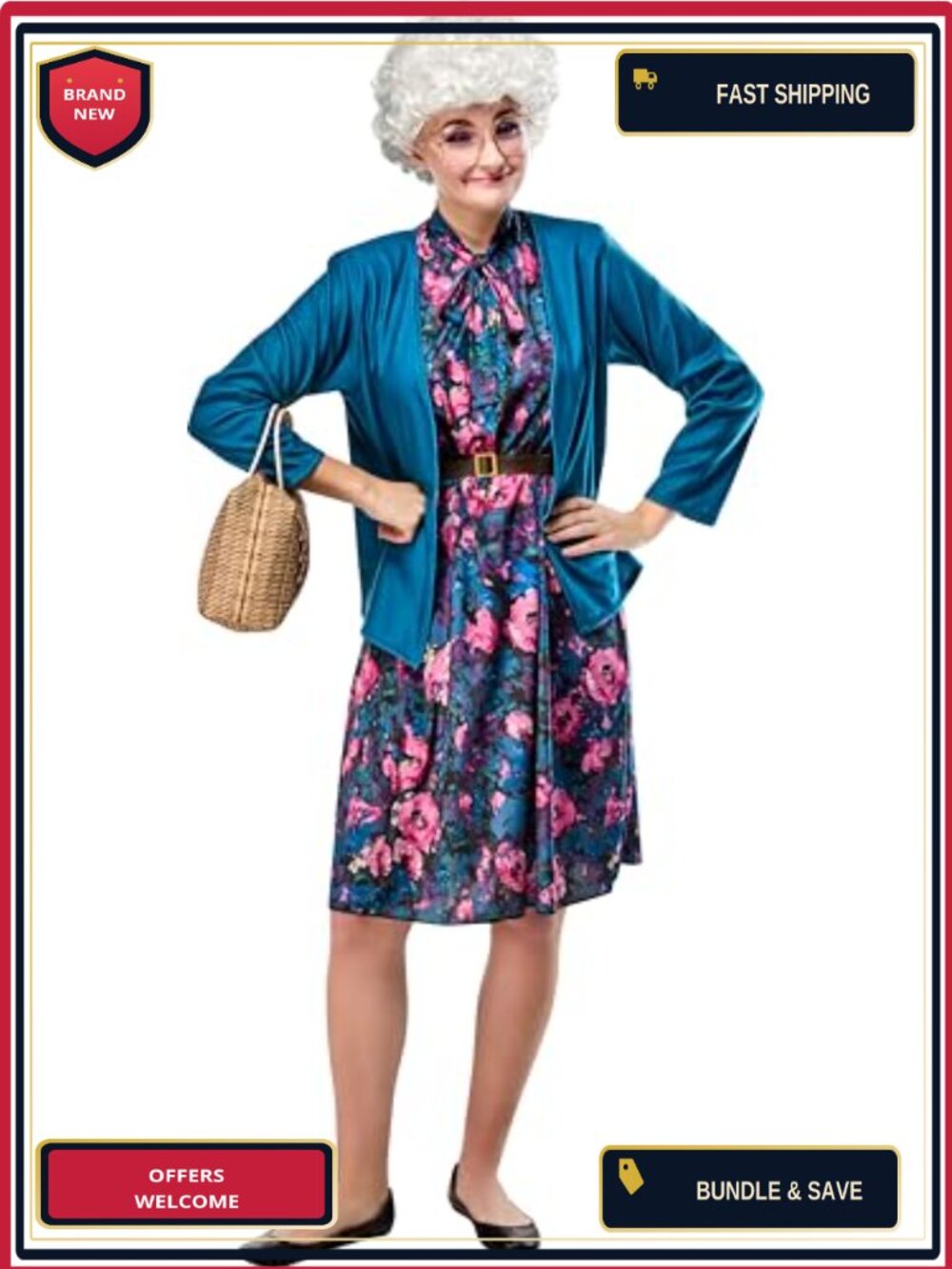 Golden Girls Sophia Costume Set Dress Wig Glasses Cardigan Belt Bag